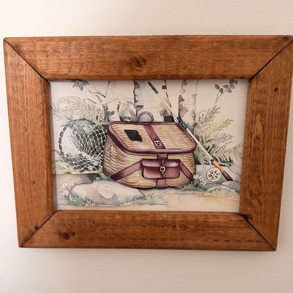 LAKE or CABIN THEME FISHING basket,& fishing gear handcrafted wood picture